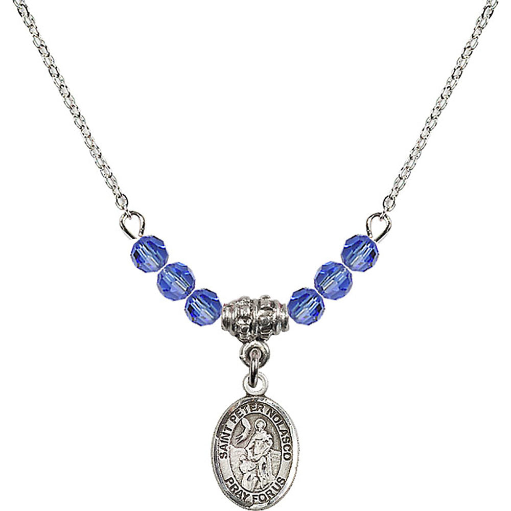 Sterling Silver Saint Peter Nolasco Birthstone Necklace with Sapphire Beads - 9291