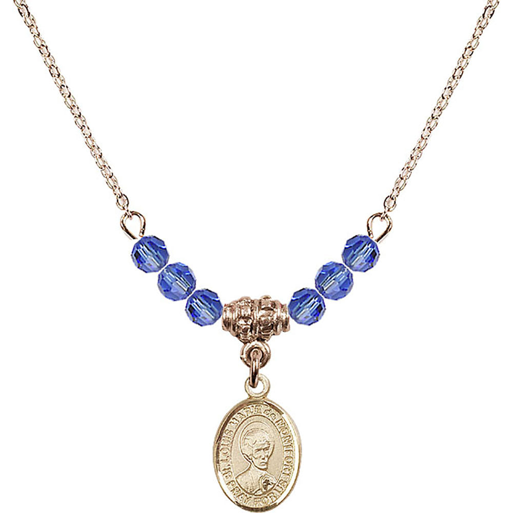 14kt Gold Filled Saint Louis Marie de Montfort Birthstone Necklace with Sapphire Beads - 9330