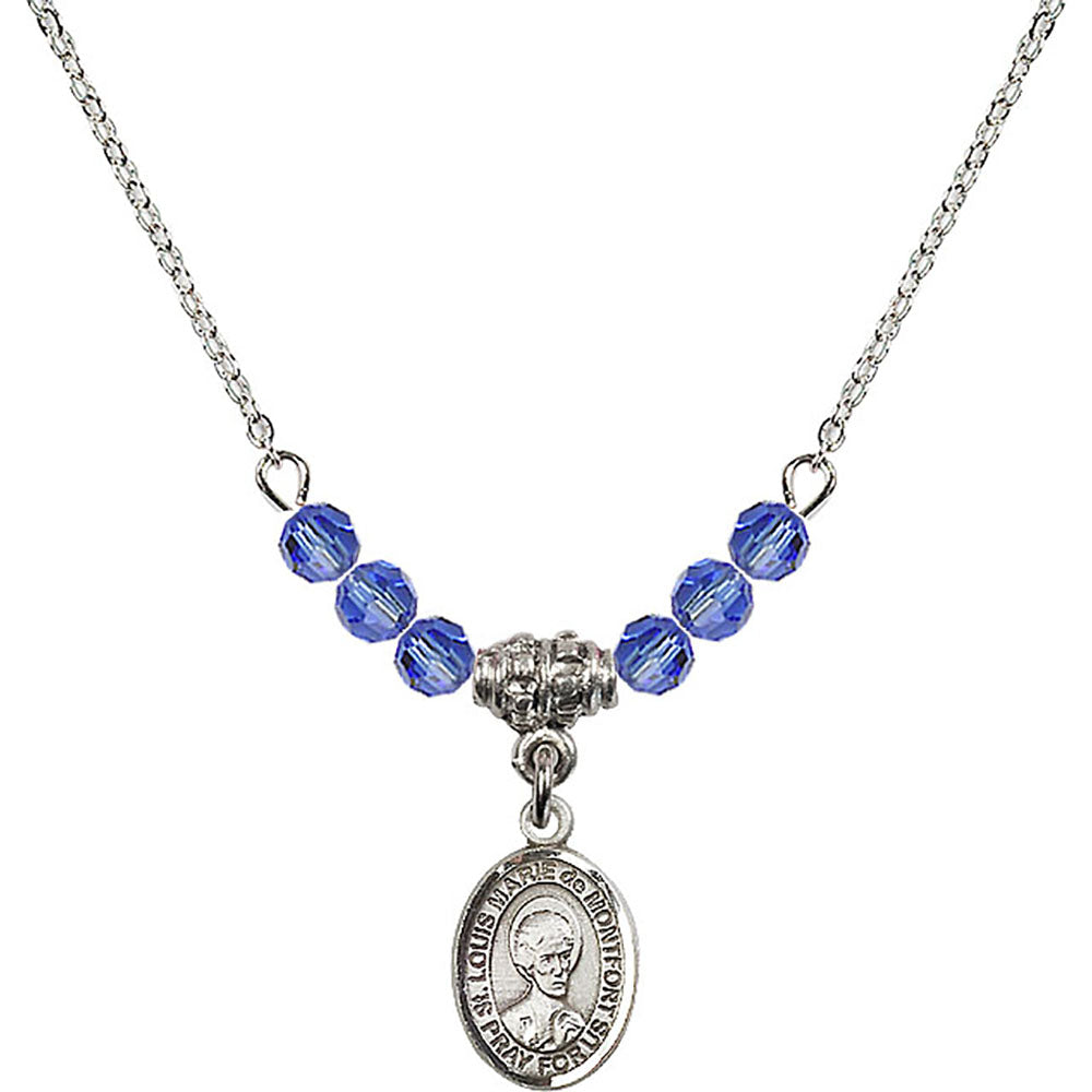 Sterling Silver Saint Louis Marie de Montfort Birthstone Necklace with Sapphire Beads - 9330
