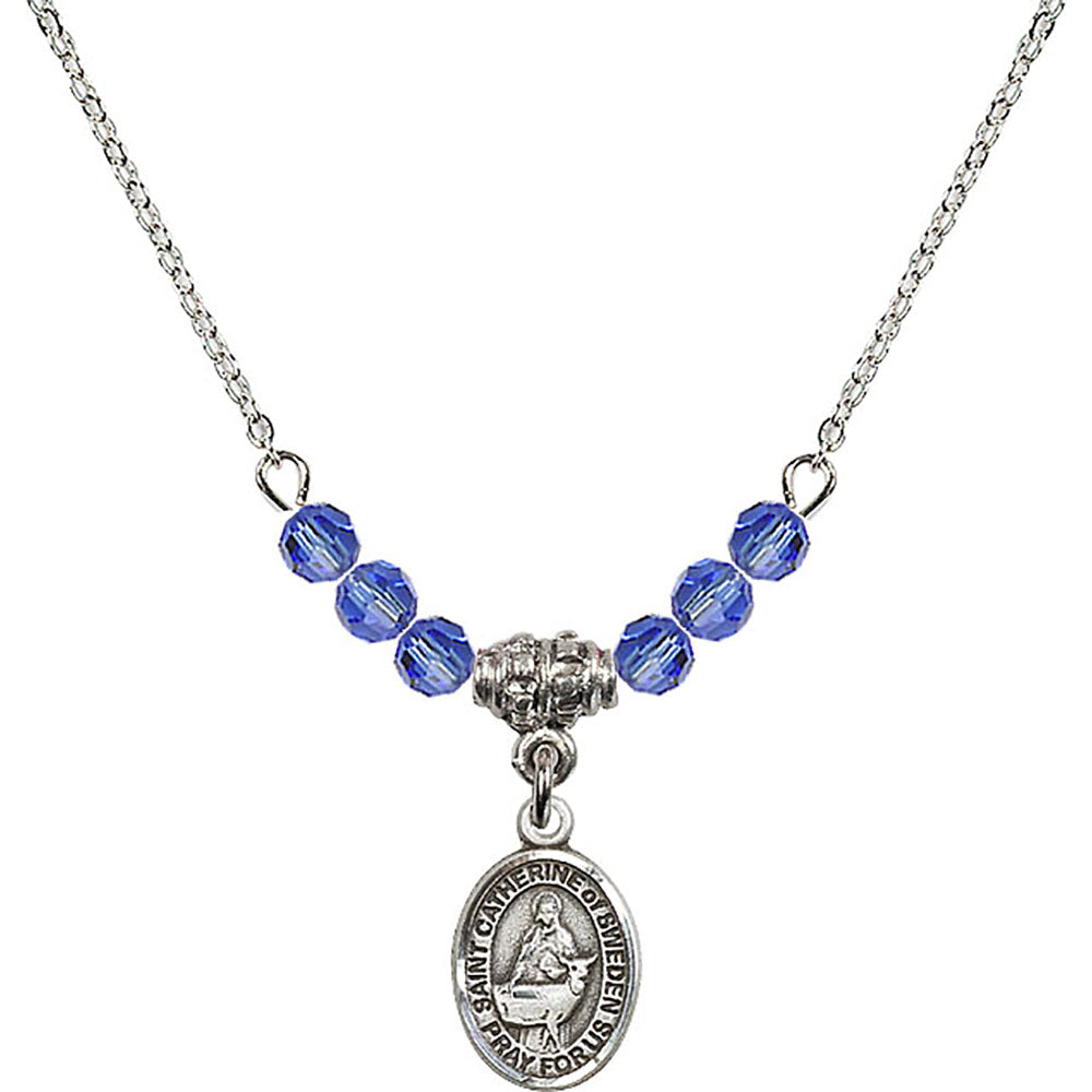 Sterling Silver Saint Catherine of Sweden Birthstone Necklace with Sapphire Beads - 9336