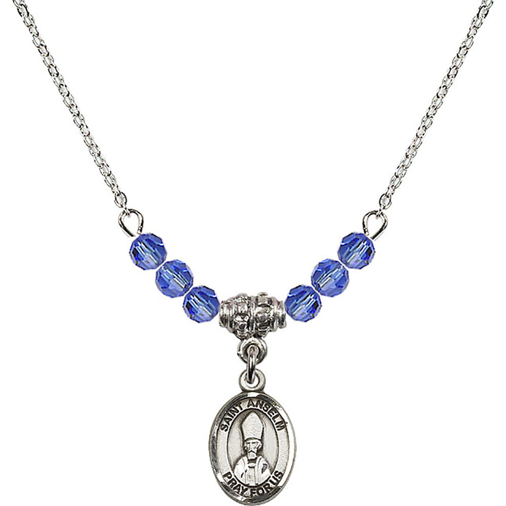 Sterling Silver Saint Anselm of Canterbury Birthstone Necklace with Sapphire Beads - 9342