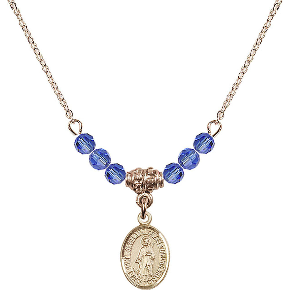 14kt Gold Filled Saint Catherine of Alexandria Birthstone Necklace with Sapphire Beads - 9343