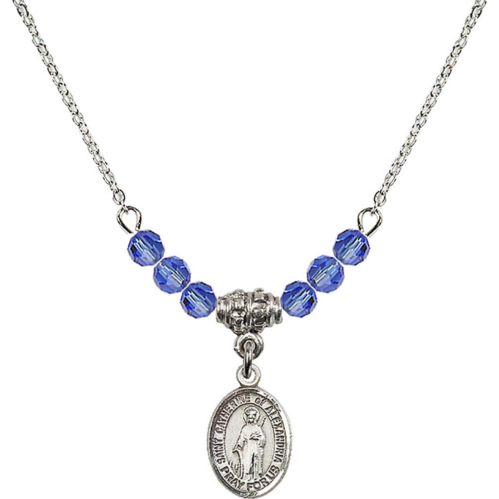 Sterling Silver Saint Catherine of Alexandria Birthstone Necklace with Sapphire Beads - 9343