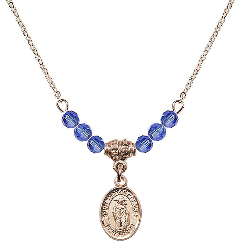 14kt Gold Filled Saint Thomas A Becket Birthstone Necklace with Sapphire Beads - 9344