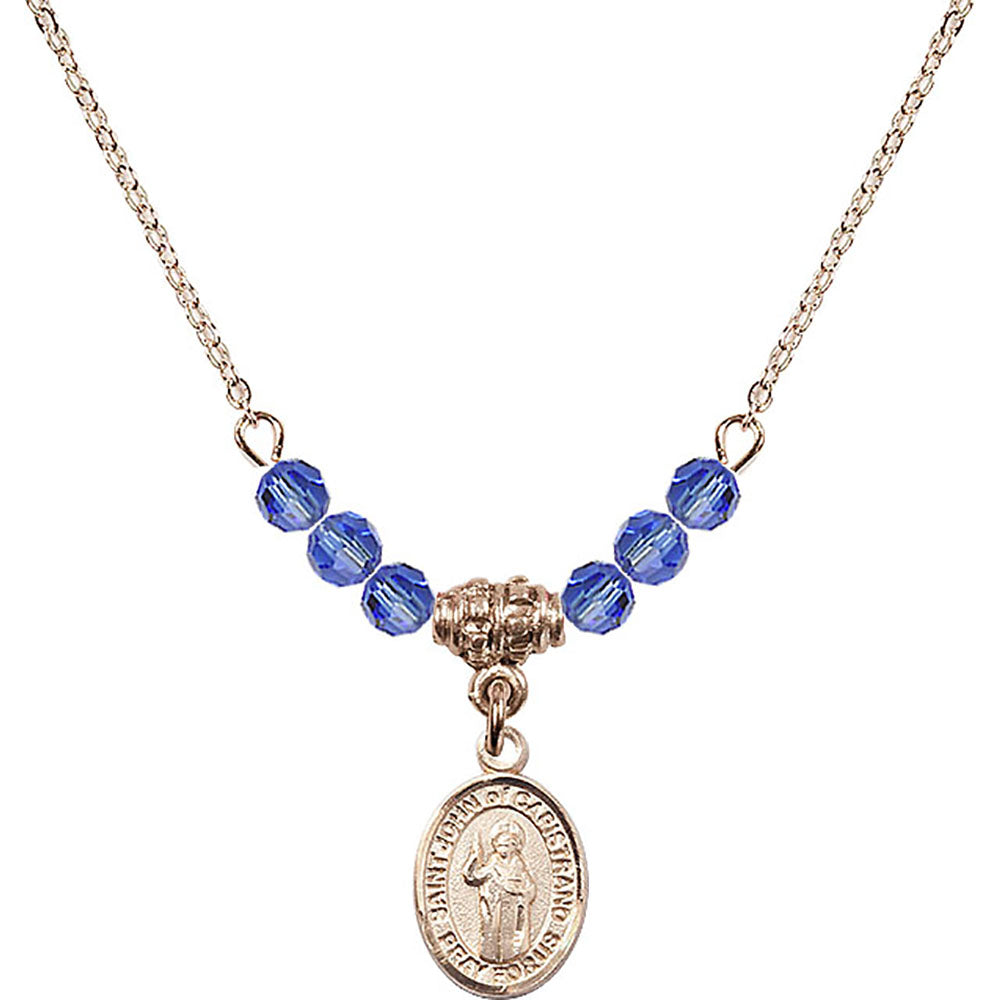 14kt Gold Filled Saint John of Capistrano Birthstone Necklace with Sapphire Beads - 9350
