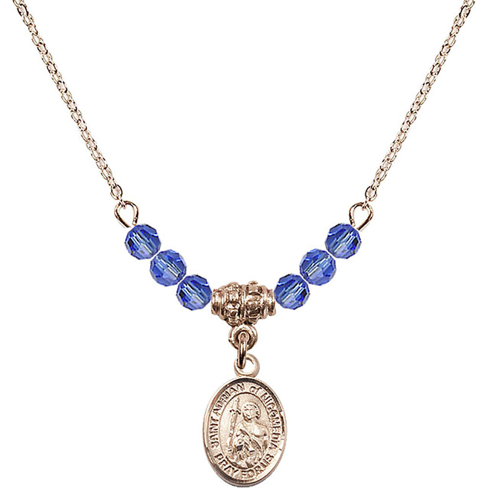 14kt Gold Filled Saint Adrian of Nicomedia Birthstone Necklace with Sapphire Beads - 9353