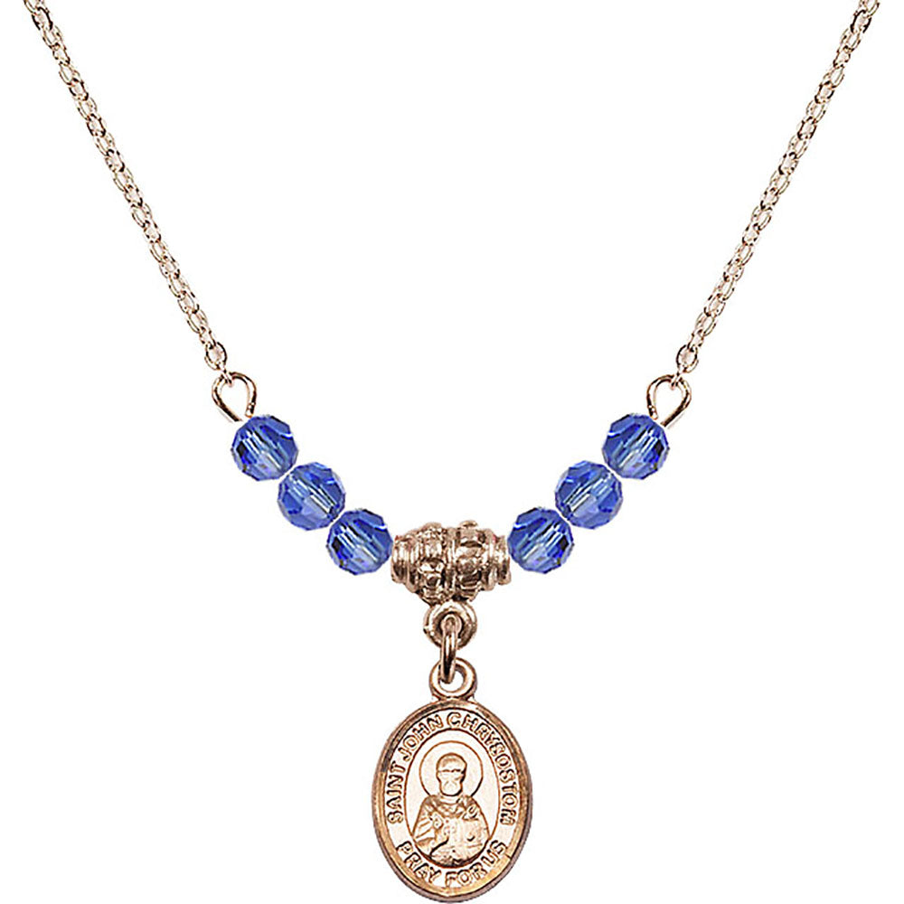 14kt Gold Filled Saint John Chrysostom Birthstone Necklace with Sapphire Beads - 9357