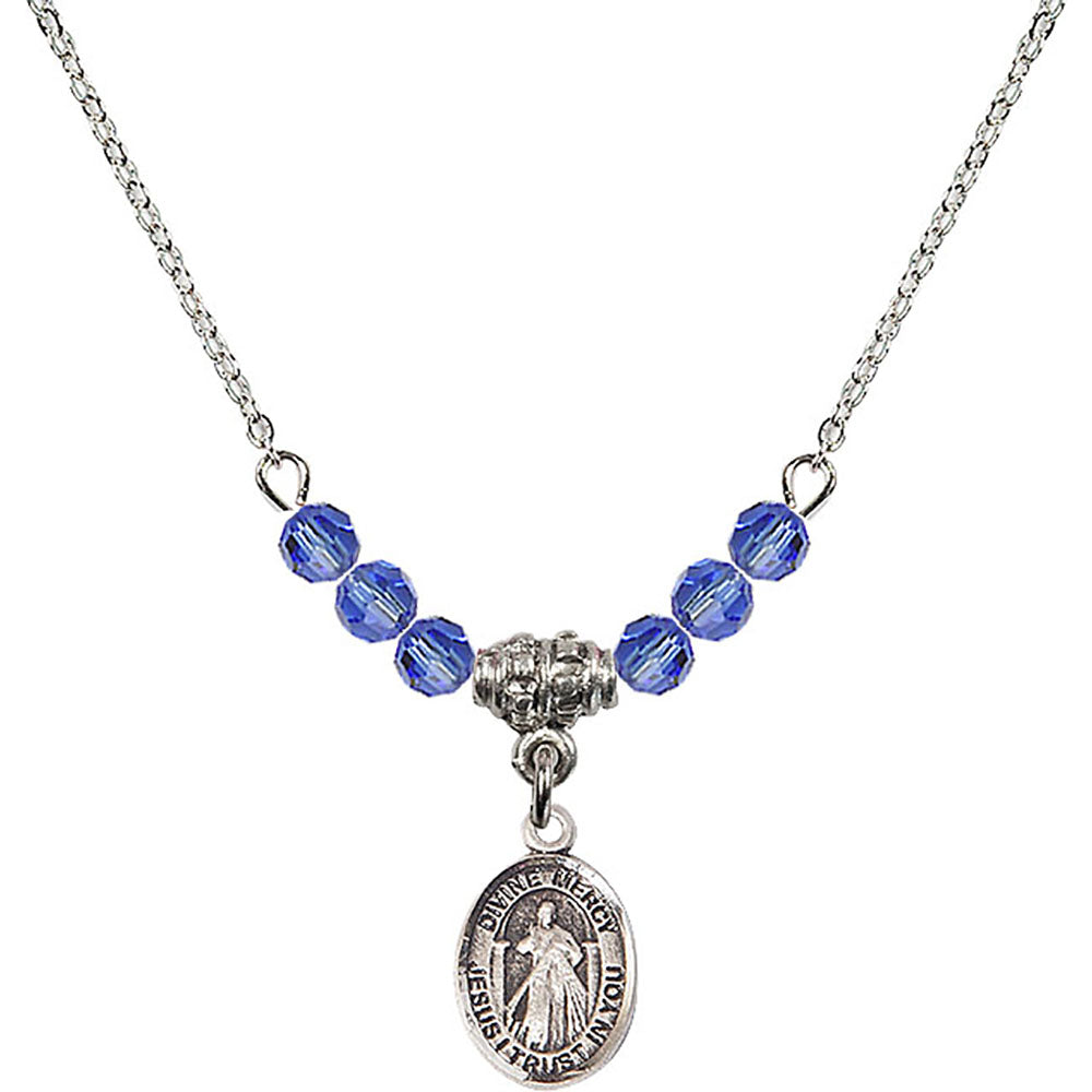 Sterling Silver Divine Mercy Birthstone Necklace with Sapphire Beads - 9366