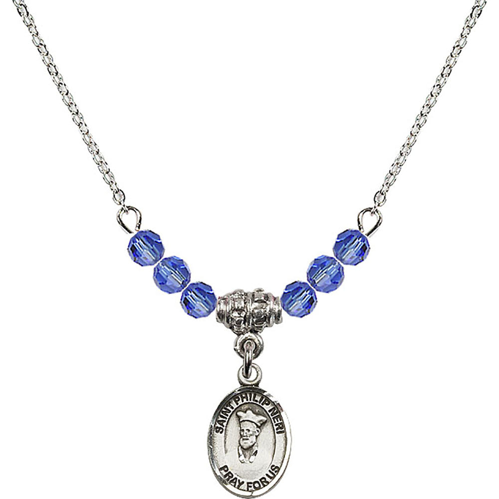 Sterling Silver Saint Philip Neri Birthstone Necklace with Sapphire Beads - 9369