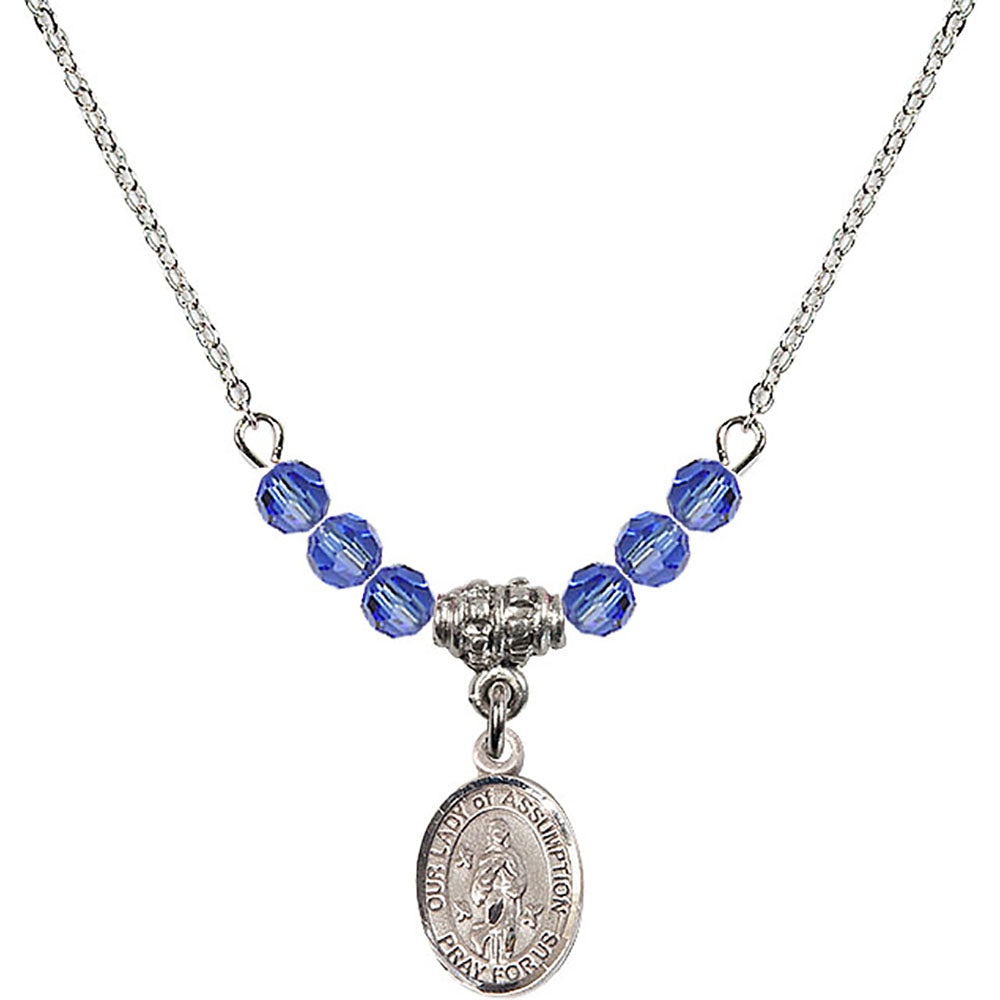 Sterling Silver Our Lady of Assumption Birthstone Necklace with Sapphire Beads - 9388