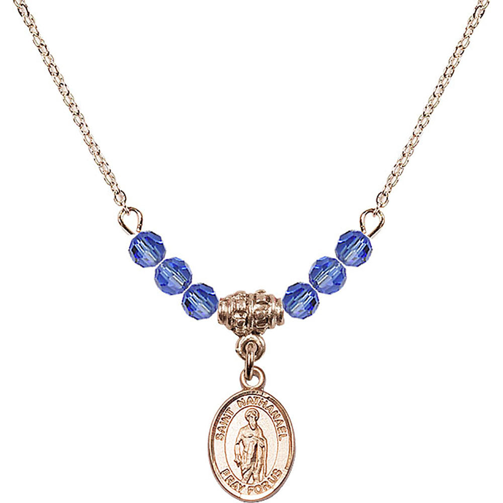 14kt Gold Filled Saint Nathanael Birthstone Necklace with Sapphire Beads - 9398