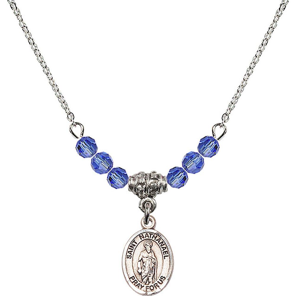 Sterling Silver Saint Nathanael Birthstone Necklace with Sapphire Beads - 9398