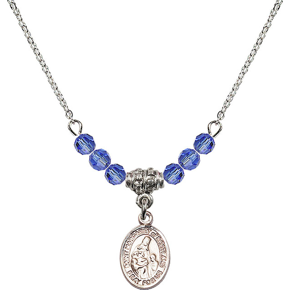 Sterling Silver Saint Margaret of Scotland Birthstone Necklace with Sapphire Beads - 9407