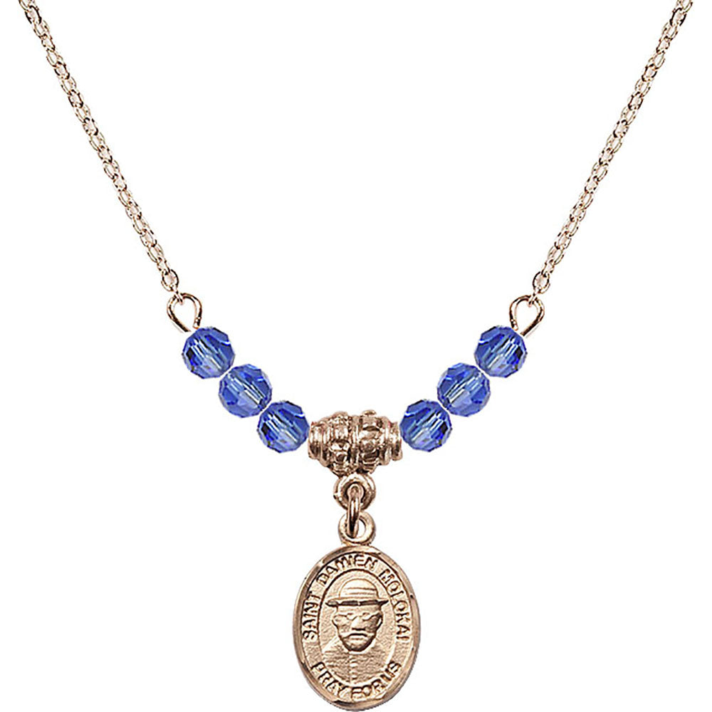 14kt Gold Filled Saint Damien of Molokai Birthstone Necklace with Sapphire Beads - 9412