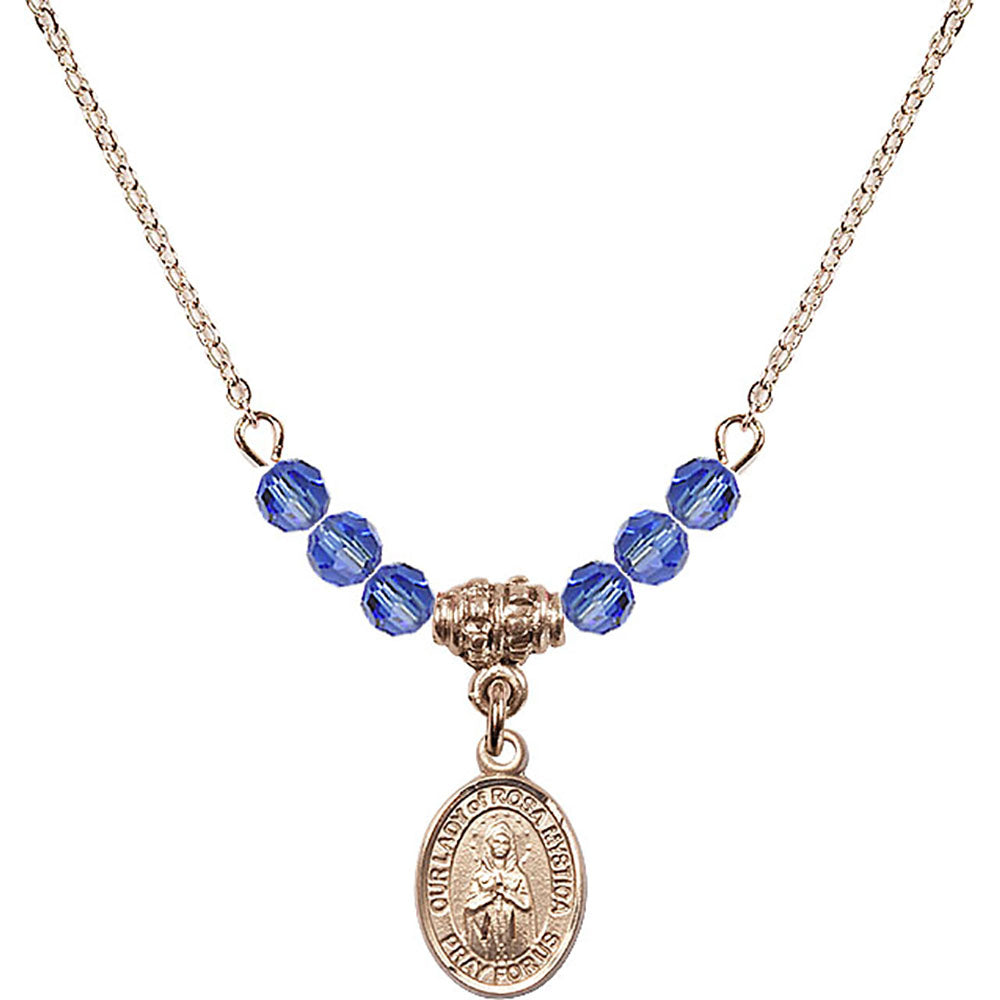 14kt Gold Filled Our Lady of Rosa Mystica Birthstone Necklace with Sapphire Beads - 9413