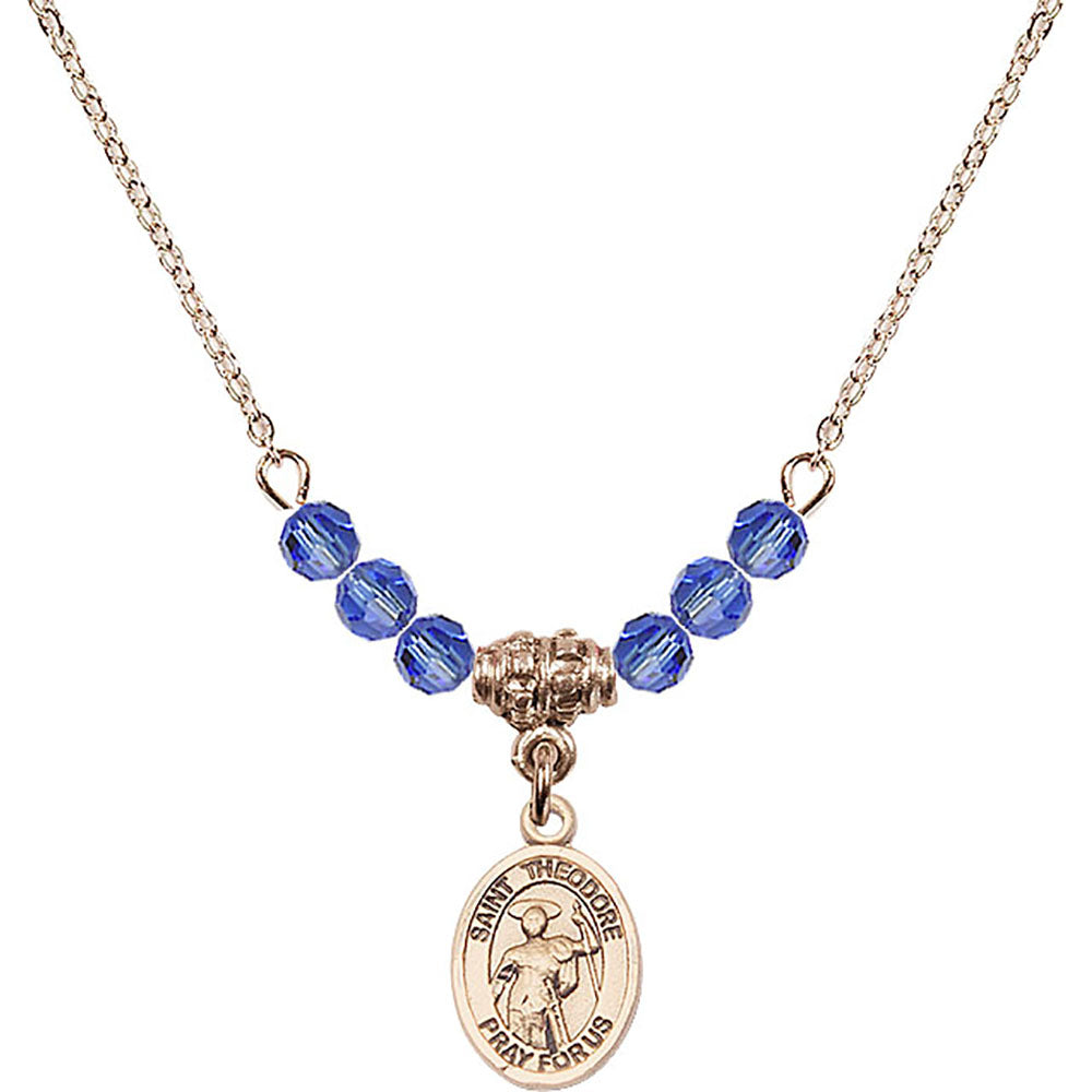 14kt Gold Filled Saint Theodore Stratelates Birthstone Necklace with Sapphire Beads - 9415