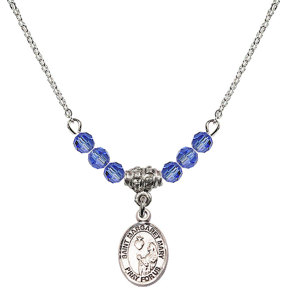 Sterling Silver Saint Margaret Mary Alacoque Birthstone Necklace with Sapphire Beads - 9420