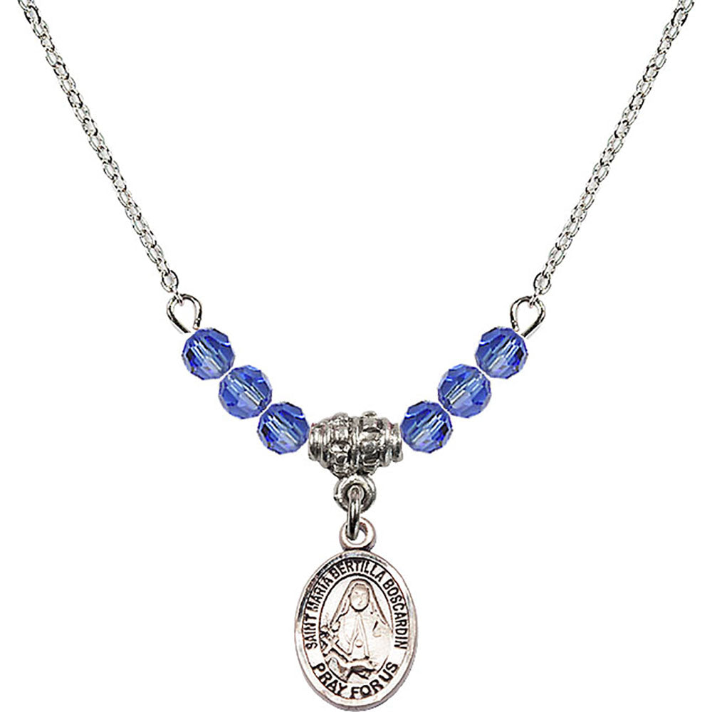 Sterling Silver Saint Maria Bertilla Boscardin Birthstone Necklace with Sapphire Beads - 9428