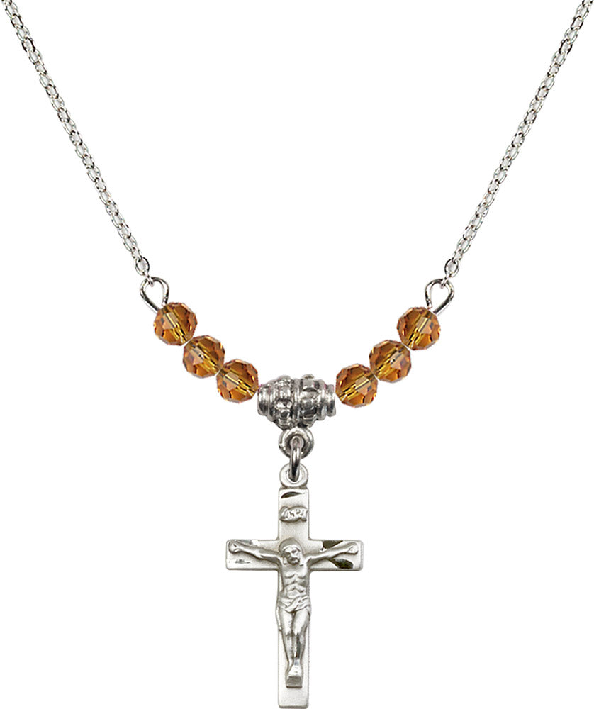 Sterling Silver Crucifix Birthstone Necklace with Topaz Beads - 0001