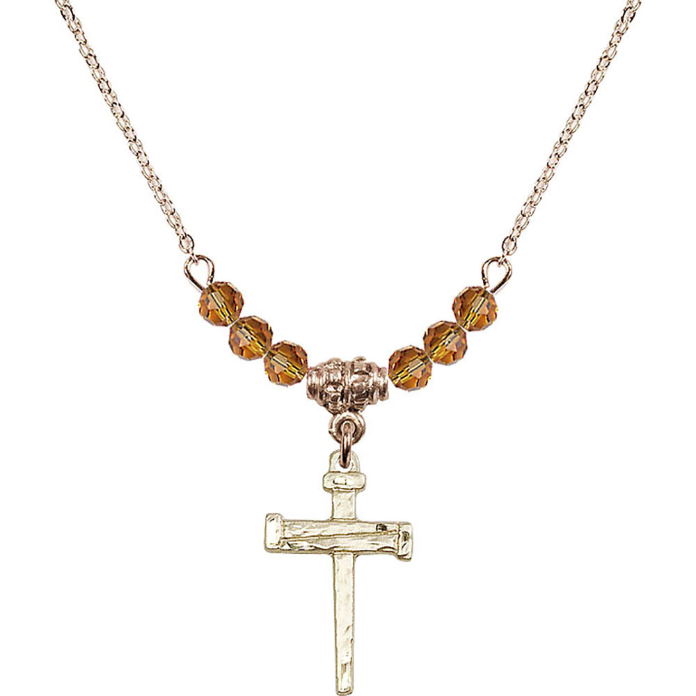 14kt Gold Filled Nail Cross Birthstone Necklace with Topaz Beads - 0012