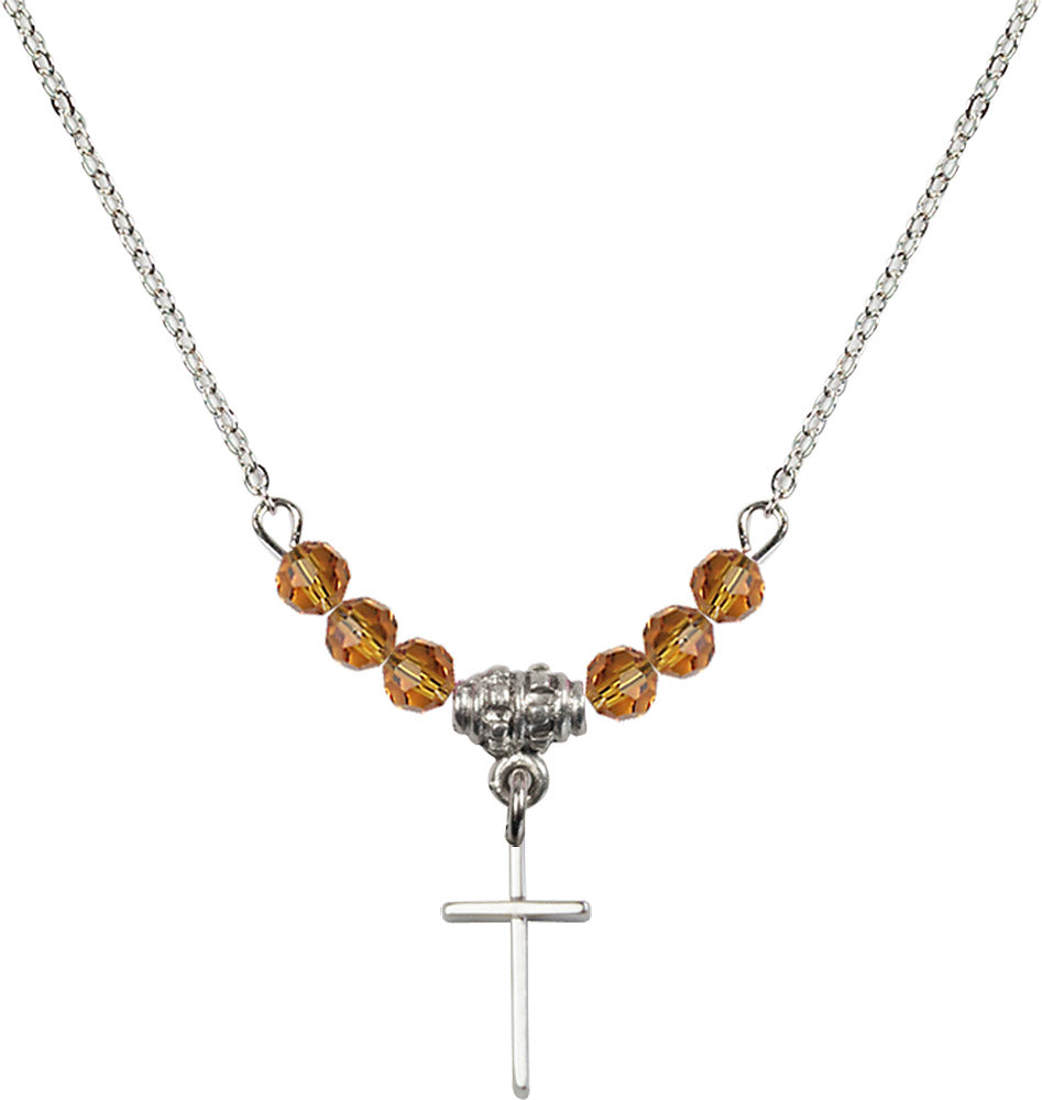 Sterling Silver Cross Birthstone Necklace with Topaz Beads - 0014