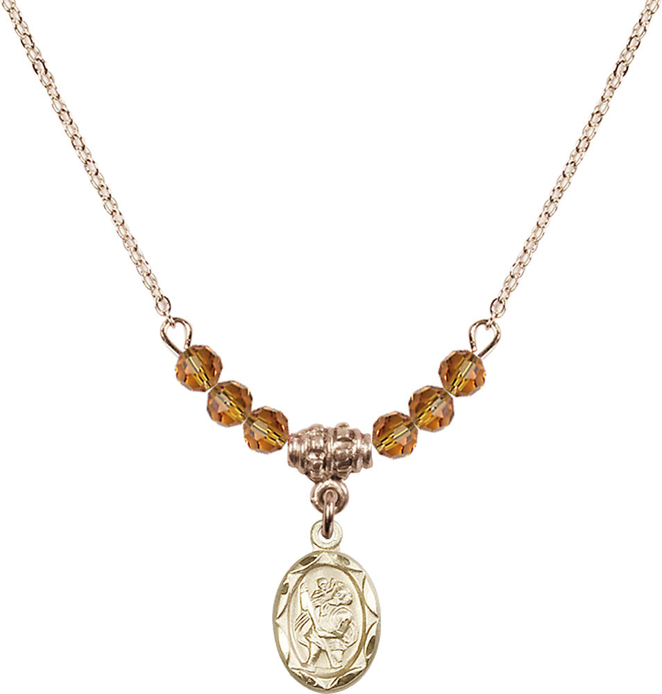 14kt Gold Filled Saint Christopher Birthstone Necklace with Topaz Beads - 0301