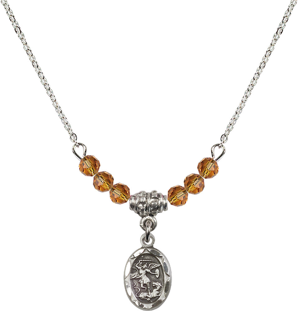 Sterling Silver Saint Michael the Archangel Birthstone Necklace with Topaz Beads - 0301