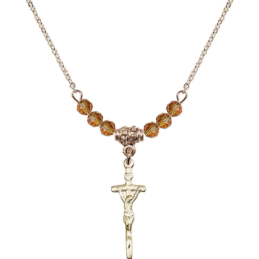 14kt Gold Filled Papal Crucifix Birthstone Necklace with Topaz Beads - 0563