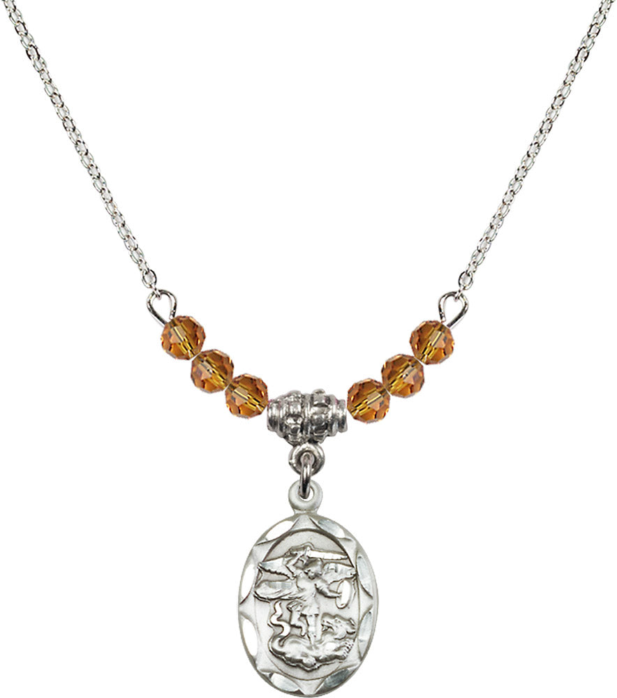 Sterling Silver Saint Michael the Archangel Birthstone Necklace with Topaz Beads - 0612