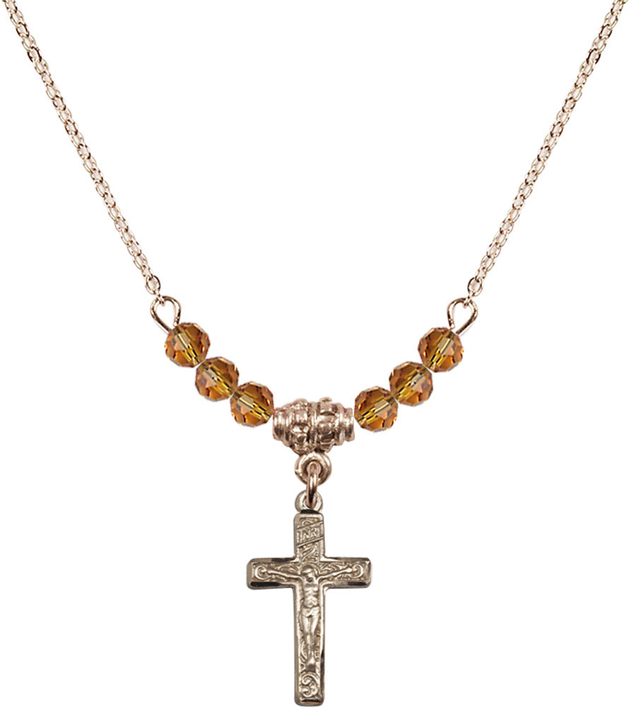 14kt Gold Filled Crucifix Birthstone Necklace with Topaz Beads - 0672