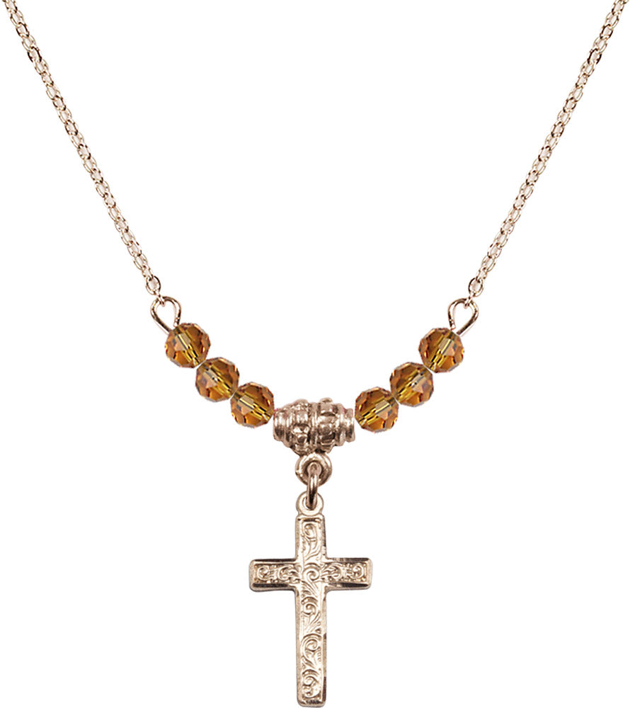 14kt Gold Filled Cross Birthstone Necklace with Topaz Beads - 0672