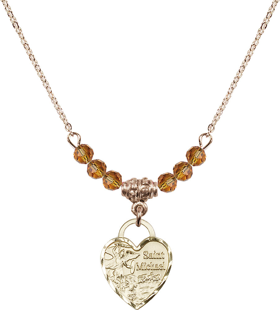 14kt Gold Filled Saint Michael Heart Birthstone Necklace with Topaz Beads - 3403