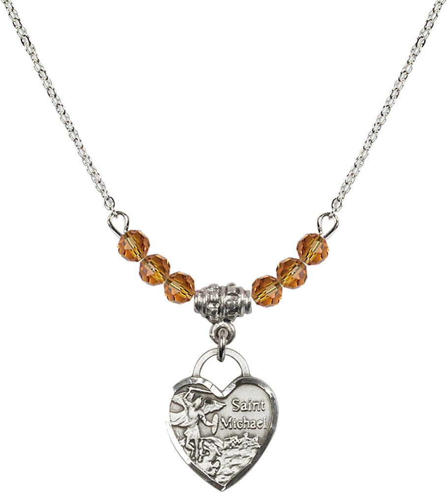 Sterling Silver Saint Michael Heart Birthstone Necklace with Topaz Beads - 3403