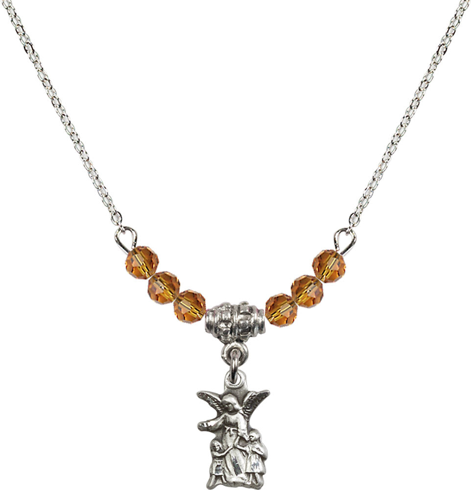 Sterling Silver Guardian Angel Birthstone Necklace with Topaz Beads - 4253