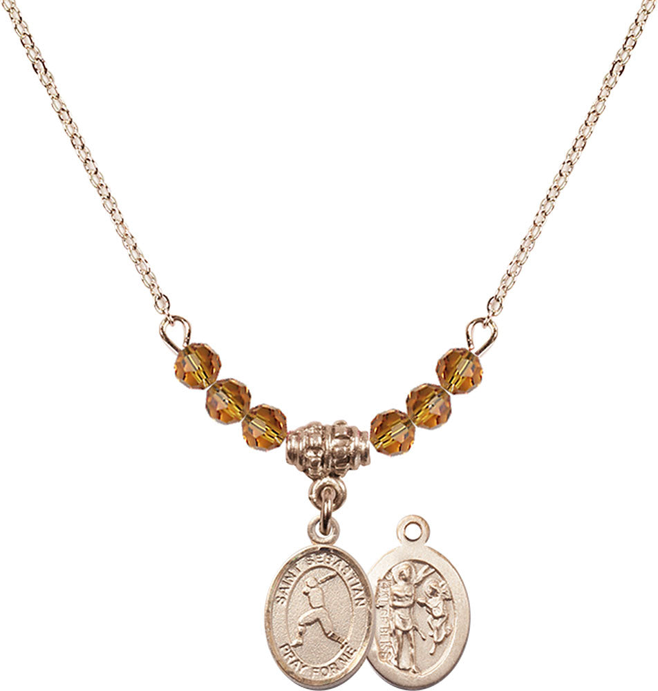 14kt Gold Filled Saint Sebastian/Baseball Birthstone Necklace with Topaz Beads - 9160