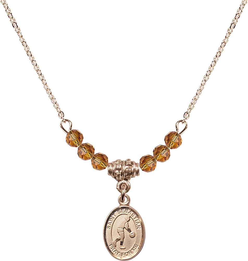 14kt Gold Filled Saint Sebastian/Basketball Birthstone Necklace with Topaz Beads - 9163