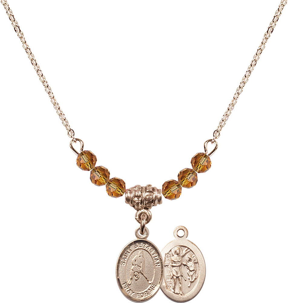 14kt Gold Filled Saint Sebastian/Ice Hockey Birthstone Necklace with Topaz Beads - 9165