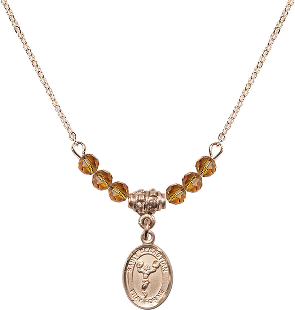 14kt Gold Filled Saint Sebastian/Cheerleading Birthstone Necklace with Topaz Beads - 9170