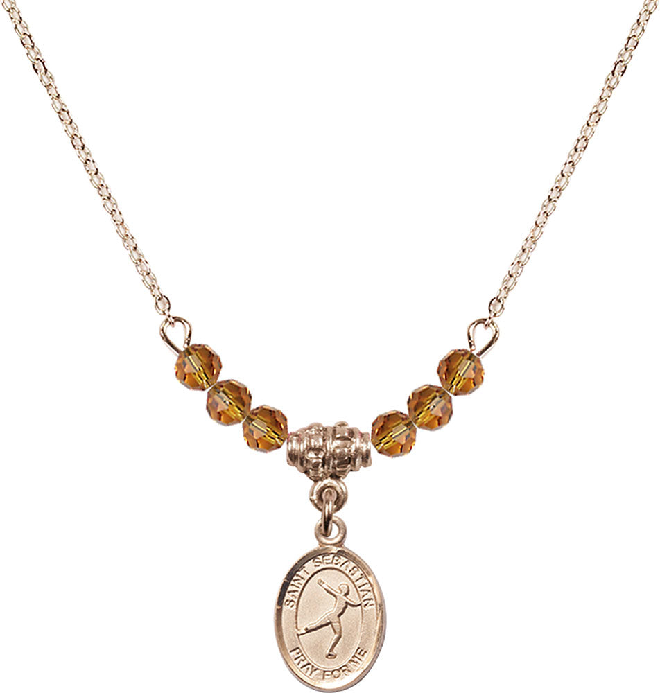 14kt Gold Filled Saint Sebastian/Figure Skating Birthstone Necklace with Topaz Beads - 9177