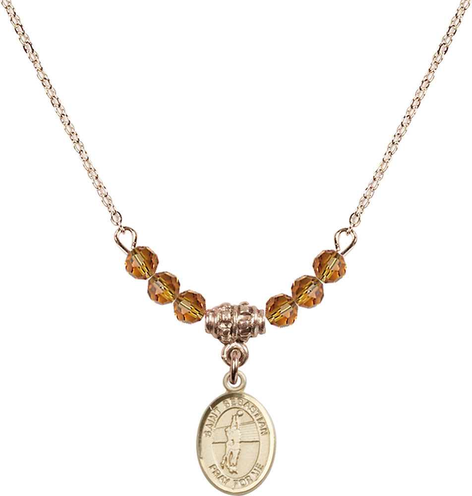 14kt Gold Filled Saint Sebastian / Volleyball Birthstone Necklace with Topaz Beads - 9186