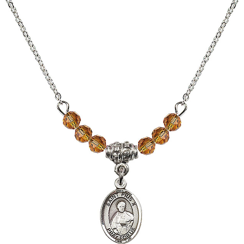 Sterling Silver Saint Pius X Birthstone Necklace with Topaz Beads - 9305
