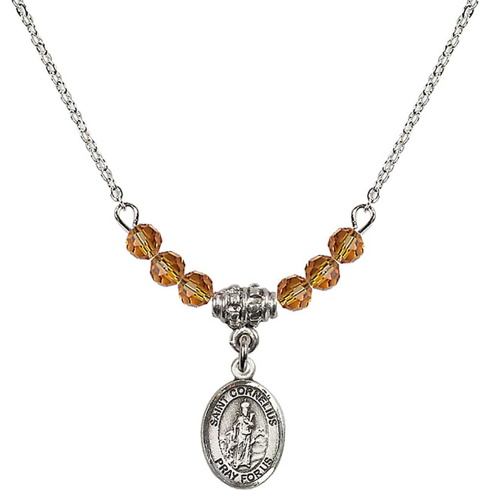 Sterling Silver Saint Cornelius Birthstone Necklace with Topaz Beads - 9325