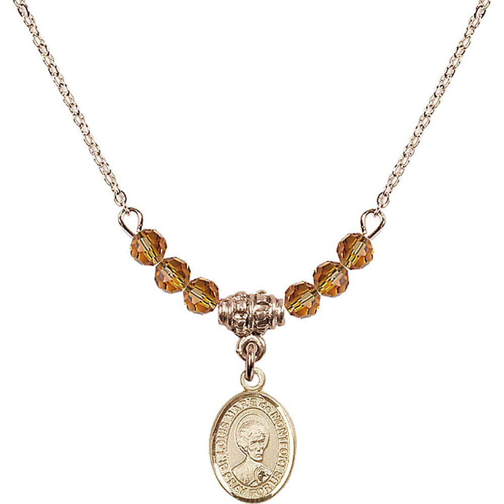 14kt Gold Filled Saint Louis Marie de Montfort Birthstone Necklace with Topaz Beads - 9330