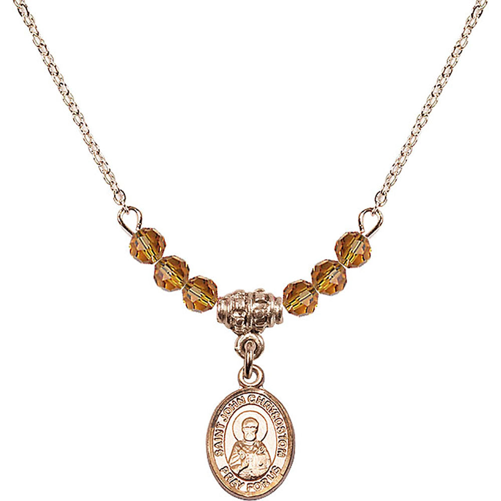14kt Gold Filled Saint John Chrysostom Birthstone Necklace with Topaz Beads - 9357