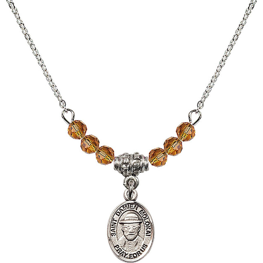 Sterling Silver Saint Damien of Molokai Birthstone Necklace with Topaz Beads - 9412