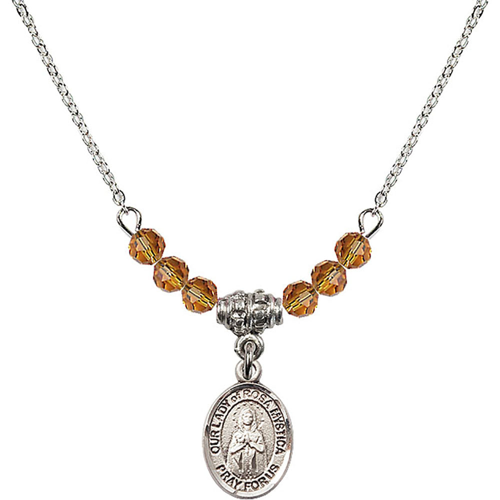Sterling Silver Our Lady of Rosa Mystica Birthstone Necklace with Topaz Beads - 9413