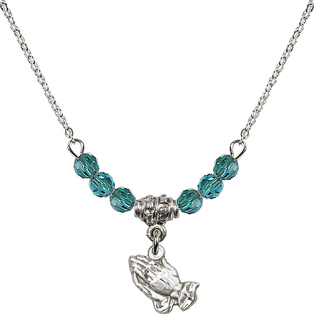 Sterling Silver Praying Hands Birthstone Necklace with Zircon Beads - 0220