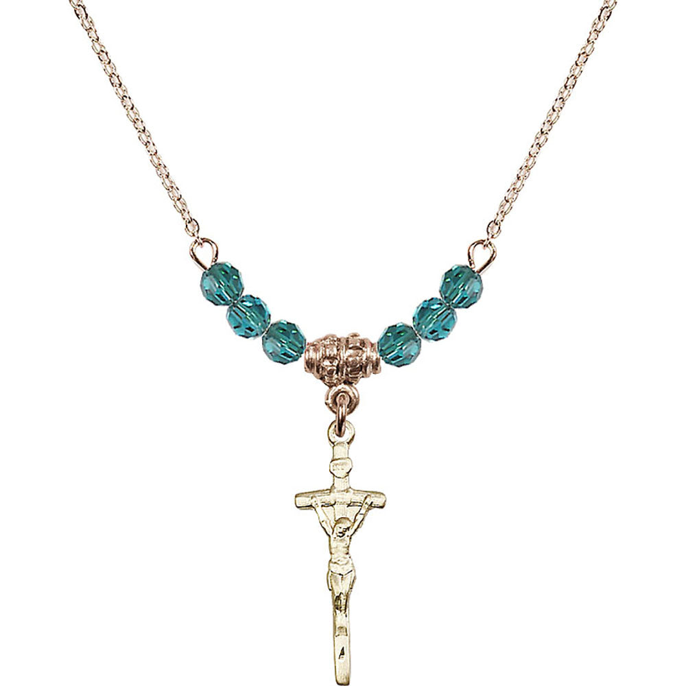 14kt Gold Filled Papal Crucifix Birthstone Necklace with Zircon Beads - 0563