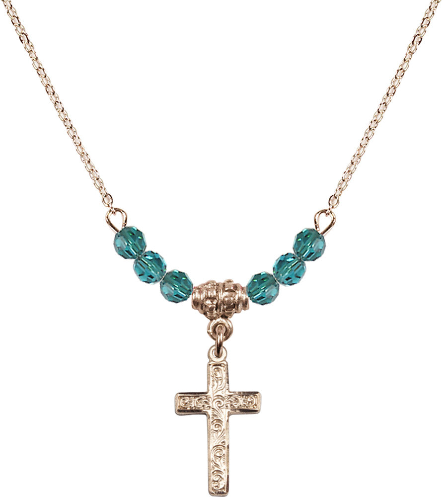 14kt Gold Filled Cross Birthstone Necklace with Zircon Beads - 0672