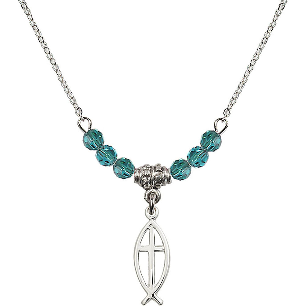 Sterling Silver Fish / Cross Birthstone Necklace with Zircon Beads - 4251